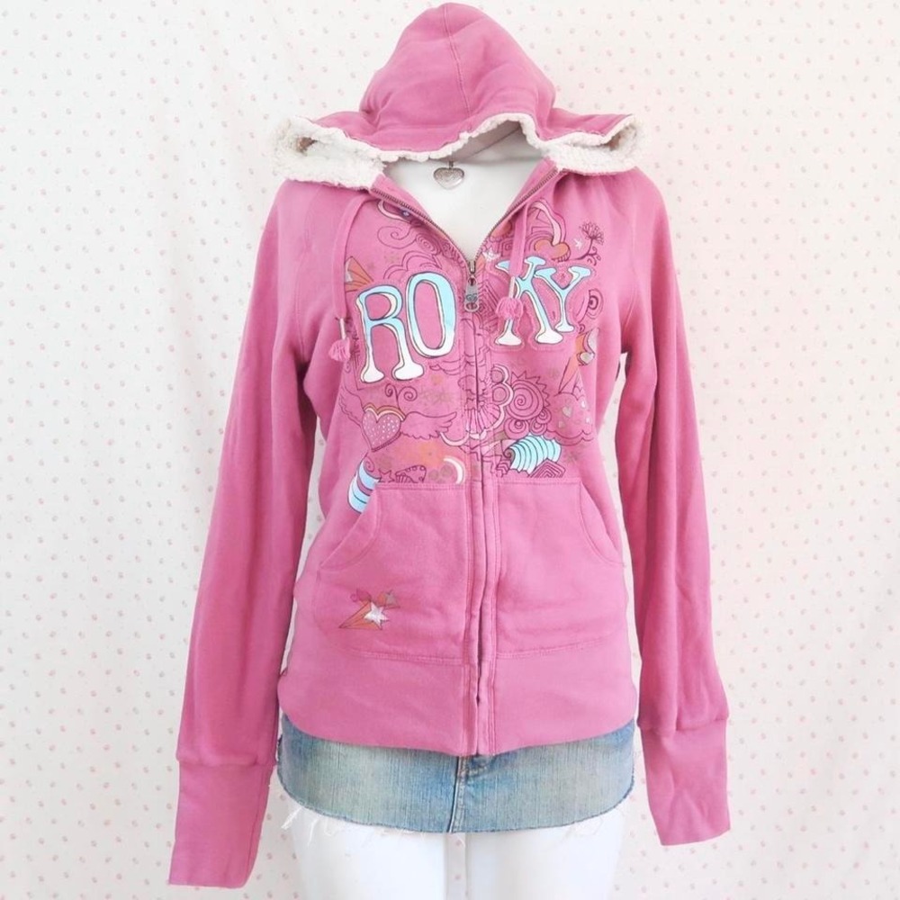 vintage y2k roxy pink sherpa lined zip hoodie surf mcbling skater jacket